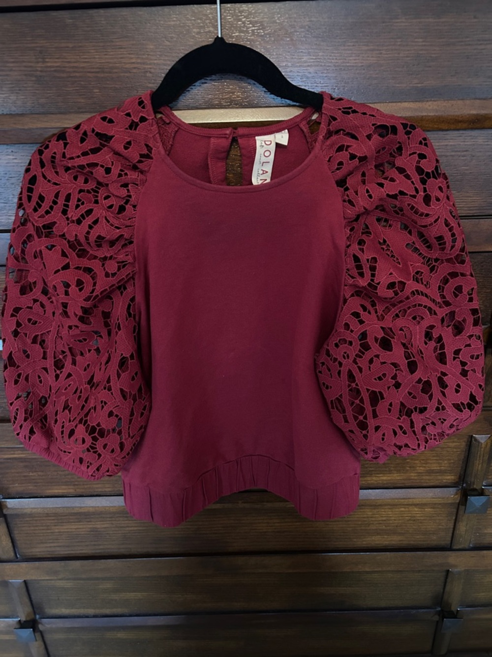 Dolan by Anthropology Wine Lace Puff-Sleeve Knit crop Top